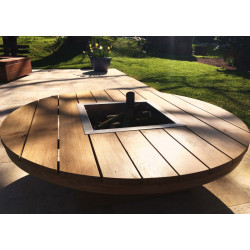 Table Brasero KUB Rond Bois Exotique Diam 150 cm avec Couvercle ouvert