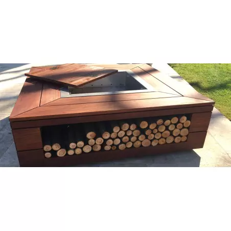 Table Brasero KUB en Bois Exotique avec Niche 150 x 150 cm