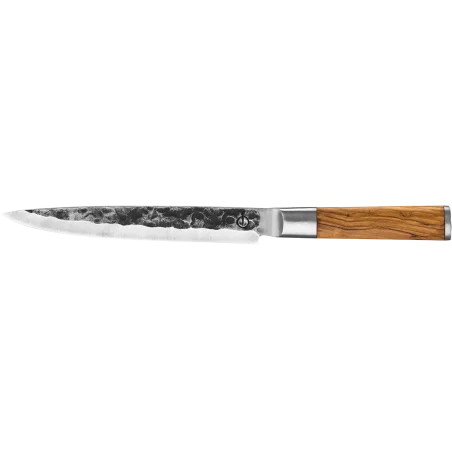 Couteau à Découper Manche Bois Olivier 20,5cm Martelé FORGED