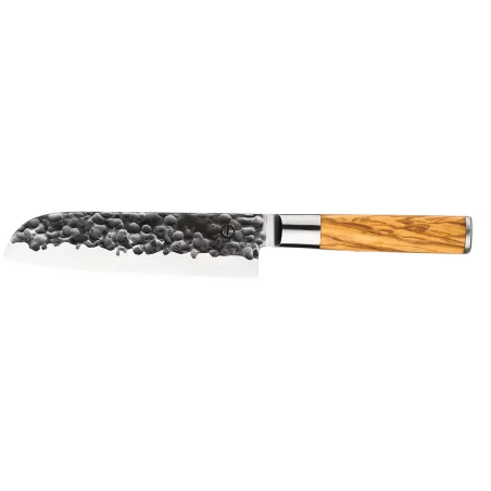 Couteau Santoku 18cm Martelé Manche Bois Olivier FORGED
