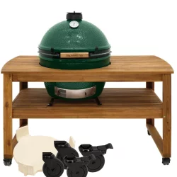 Pack Start BIG GREEN EGG XL avec Table Acacia + Roues + Conveggtor in real life