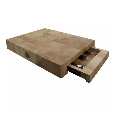 Billot à Poser BBQ Avec Tiroir Range Couteaux en Charme Bois de Bout 50X40X8,5cm
